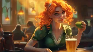 紅發女服務員扮成愛爾蘭女子，為慶祝圣帕特里克節，手持啤酒杯，周圍氛圍以綠色調為主