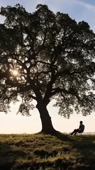 一个男子坐在橡树下的剪影，夏日清晨，近距离特写，欧洲自然光线——无插图——ar 9:16——v 5.2