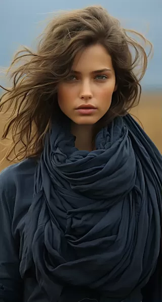 黑暗忧郁风格的大片：一位戴围巾的女孩站在田野中，展现自然美。