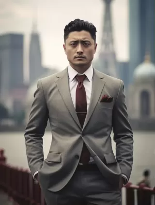 一位英俊的中国男子，站在上海外滩，身着灰色西装上衣、黑色长裤和红色领带，举止优雅。