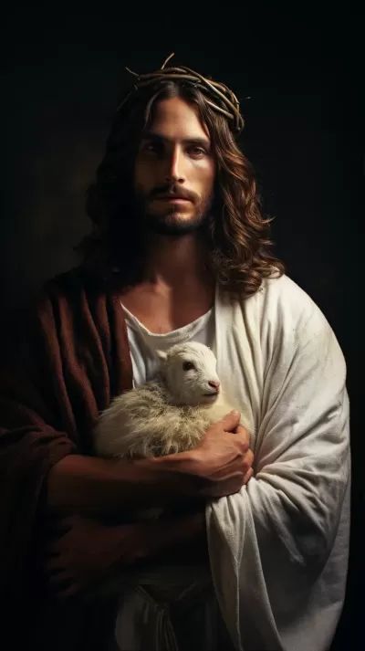 耶稣王冠荆棘，怀抱羔羊：高清电影风格