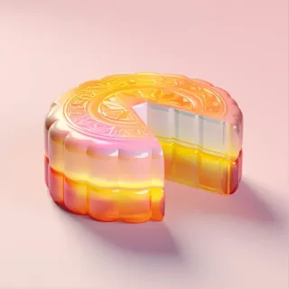 半切透明月饼3D渲染，渐变透光玻璃熔融，橙粉色渐变背景，等距视图，白色背景，3D渲染，Blender，辛烷渲染，柔和色彩，获奖作品，光滑亮丽。