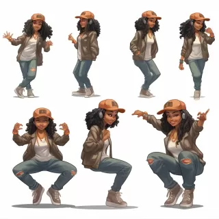 Kawai Hip-Hop风格女性角色插画，手插口袋，跃然纸上的舞蹈动作