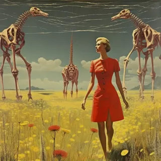 1910年代超现实主义：17岁模特漫步田野，红裙飘逸，奇异梦幻，背景巨骨长颈鹿伴花嬉戏，暖黄闪电。