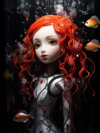 人形瓷娃娃的水下详细全身肖像，长丝般红发随发光水母飘动