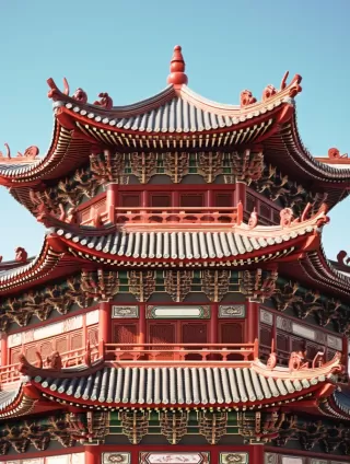 中国宫殿：复古风格建筑插画，红色彩绘，8K超高清细节，平面构图，近景特写，极简主义。