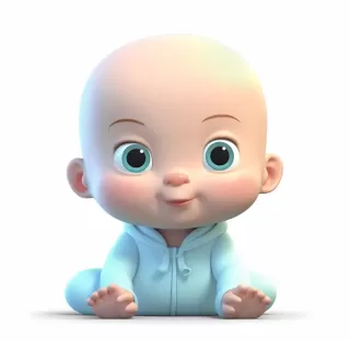 3个月大的3D宝宝，头发稀疏，眼睛棕色，穿着浅蓝衣服，细节丰富逼真的古风设计