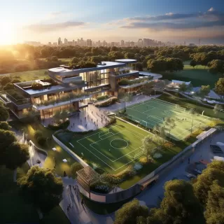 3D全景渲染：足球场、网球场及周边公寓楼