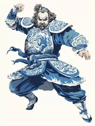 中国古代战士全身像：夸张动作与戏曲画风的融合