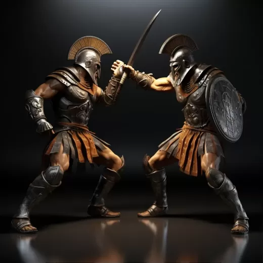 兩個斗士激戰(zhàn)，仿生格斗游戲風格場景，全身軟質(zhì)高光紋理，細節(jié)豐富，純黑背景——S50——原始風格