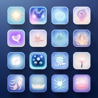 iOS 16主题风格：9个精美图标的扁平设计，4K高清细腻细节，梦幻般的婴儿蓝光线效果