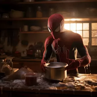 蜘蛛侠在古旧厨房制作煎饼，背景布满蜘蛛网，高清8K电影级摄影，徕卡Summicron-M50mm f/2 ASPH镜头。