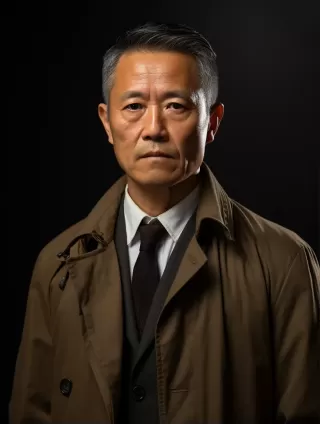 一位50岁日本男子的严肃正装照：棕褐色大衣与西装，白色背景，逼真写实，宽高比3:4，分辨率250。
