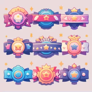 领奖台icon，带绶带的皇冠，灰色背景上十几种不同的游戏UI图标，可爱、卡哇伊、平面色彩，2D游戏风格，柔和聚焦，生动卡通。
