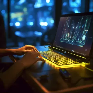 黄色衬衫男子在电子商店内玩着游戏，手触笔记本电脑细节。夜幕下，霓虹灯照亮了他的游戏世界。