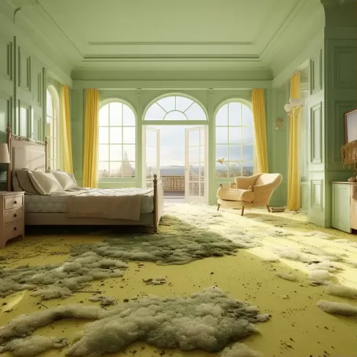 超現實豪華酒店：大窗戶和柔和綠色墻壁的臥室，黃色地毯鋪設在地板上