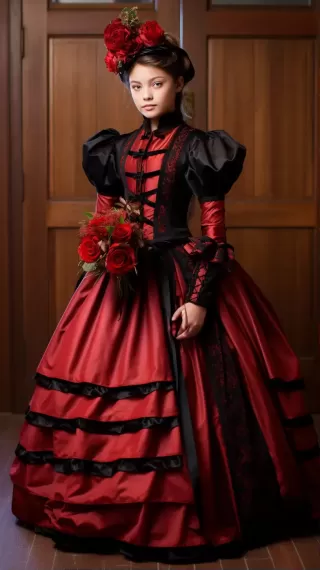 维多利亚时代红黑色礼服的西方少女全身照