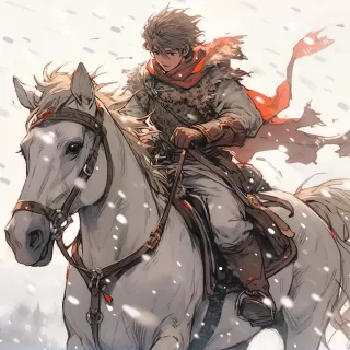 年轻男子骑马穿越雪地，热情可爱——尼吉5