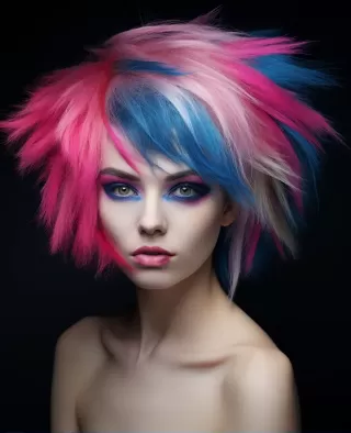 彩虹女孩：蓝粉发色与羽毛造型，层次分明的刺状美