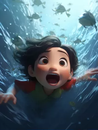 《古代中国：孩子们落水，惊慌失措，充满恐惧》——4K高清超清晰Pixar风格原始素材