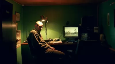 孤獨父親在破舊木屋辦公室，冷光下玩35mm膠片，廣告風格，16:9畫面比例，5.1聲道