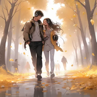 张静娜与希美达的高清8k数字插画：金黄落叶下，白T恤少年与少女同行