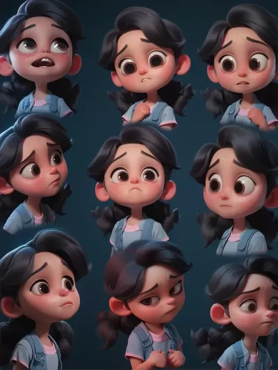 3D emoji表情包：可爱小女孩全身8K高清C4D渲染，泡泡玛特风格，黑白光影效果