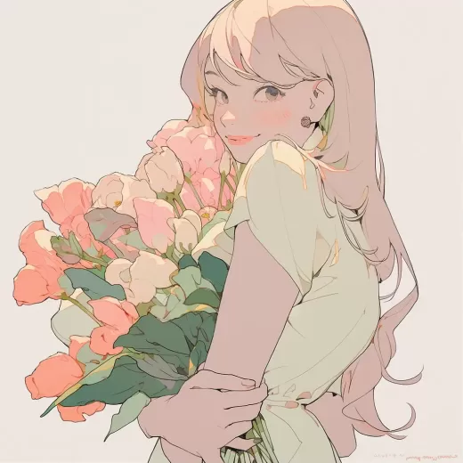 女孩上半身持花束的藝術線條矢量插畫，使用Adobe Illustrator創作，1:1比例，表現力風格，Niji 5，s 750。