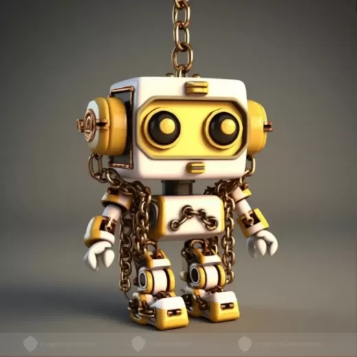 黃色和棕色的機器人3D模型，以活潑角色設計為風格，象牙色，斯蒂芬·希倫伯格，可愛魅力，淺金色和白色，黑色背景，庫存照片。