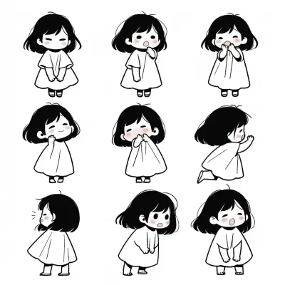 简约卡通插画：可爱小女孩的各种表情与姿势