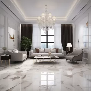 3D模型客厅：大理石地板与大型吊灯，透明树脂面板风格，纯色现代DIY，光滑表面，浅白色调，引人注目的简约设计——1:1比例，V5.0版本
