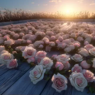 粉色与白色的玫瑰：花园木制地板铺满白色与粉色玫瑰，木格栅上点缀着许多淡粉色的玫瑰。蓝天与夕阳为背景，高清光影艺术，新古典主义，超细节，超高清，8K，高清，超美学，超逼真1:1，5.0版本。