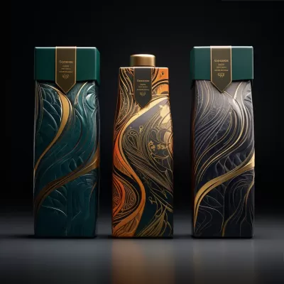 威士忌瓶包装设计：艺术文化图案，深蓝与琥珀色，1:1比例，原始风格，V5.2。