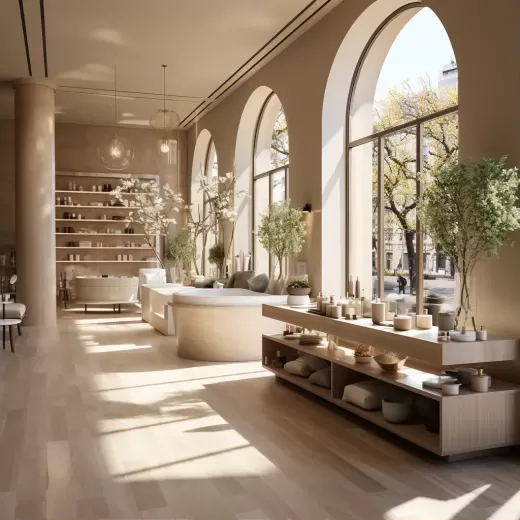 自然色調的美麗沙龍內部，大窗映入地板，城市街景如白石。