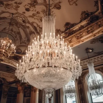 华丽的水晶吊灯照亮豪华舞厅，细节精致令人叹为观止