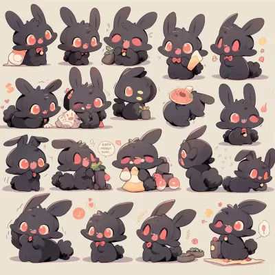可爱黑兔子表情包：卡通风格，简约设计，多种姿势与表情 | 250个表情 | 1:1尺寸 | 5种颜色