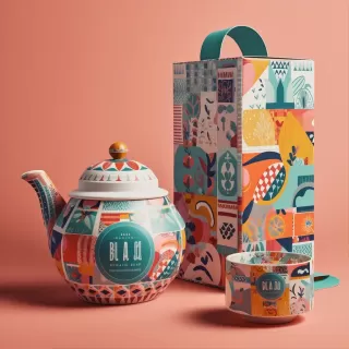 复古风格茶具包装设计：插画、几何图案与鲜艳色彩的完美融合