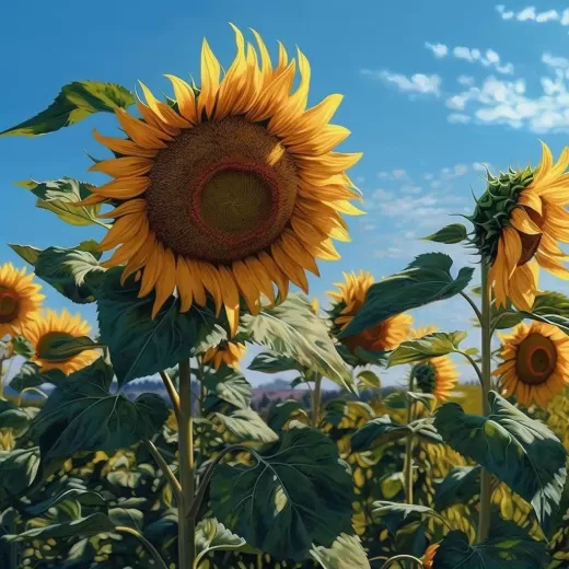 黃色向日葵與藍天：超寫實動物插畫風格，RTX開啟，照片級真實景觀，32K uhd，現實感十足，Anatoliy Metlan作品，超寫實攝影。