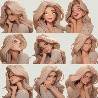 迪士尼风格：8K超高清 Barbie girl 表情包，16种不同情绪，多种姿势与表情，黑色笔触描绘，展现丰富情感