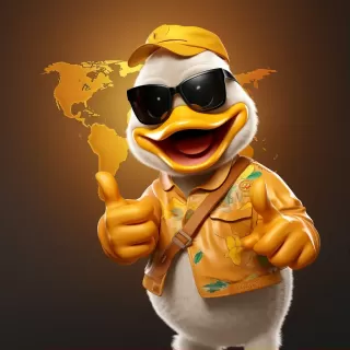 快乐鸭吉祥物：迪士尼风格，戴着金项链，展翅成大拇指，笑容满面
