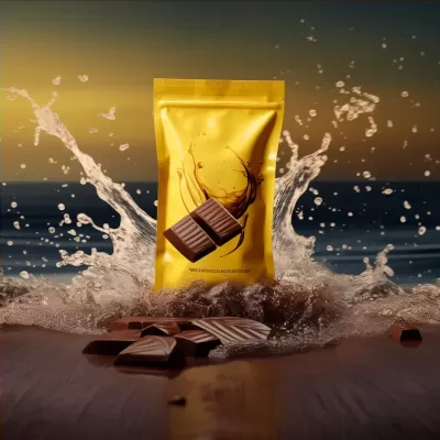 黄色简约包装袋立体摆放在巧克力海洋中，背景有巧克力溅射效果，广告摄影作品