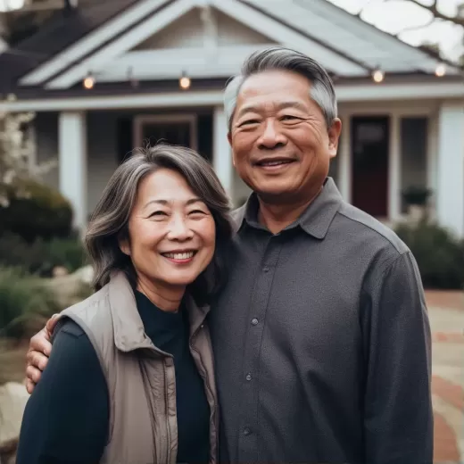 幸福亞洲夫婦在房子外站立，彩色攝影，柔和邊緣，充滿光線的室內，祖父母核心，白色和灰色——s 750——ar 1:1——v 5.0