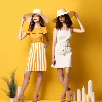 时尚女装电商海报：简约之美，黄色背景，S750分辨率，种子6342489，AR1:1比例，原始风格，V5.1版本。