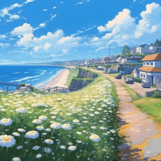 春日海邊懸崖，小雛菊綻放千里。