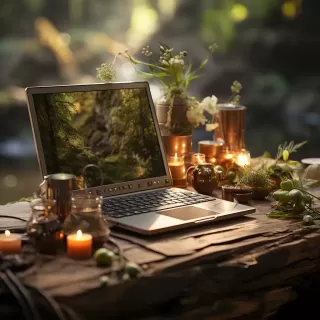 自然元素环绕的舒适工作场景：笔记本电脑展示