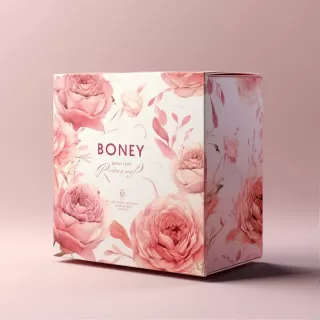浪漫粉玫瑰茶盒装设计，水彩风格花艺插画，梦幻柔和色彩，简约背景，浪漫氛围，花环绕 - RAW格式V5.2。
