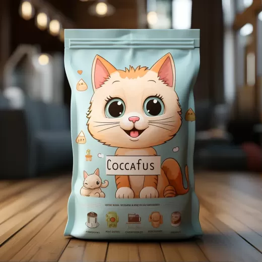 卡通風格的貓糧包裝，24mm寬幅750克，1:1真實比例，復古風格，細節豐富，展現愛與歡樂的溫馨場景。