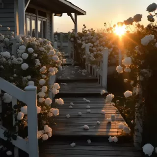 春雨后的黄昏，千朵白玫瑰绽放在木制小屋的楼梯上