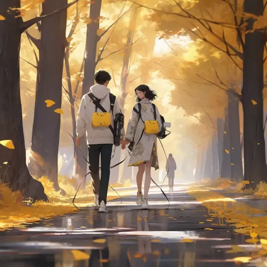 張靜娜與希美達的高清8k數字插畫：金黃落葉下，白T恤少年與少女同行
