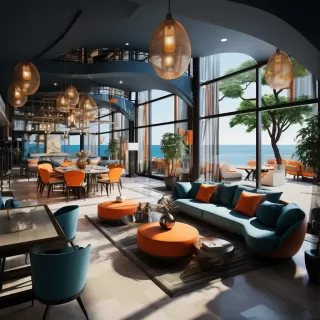 现代风格海景酒店餐厅：深蓝色调与橙色奢华融合，灵感源自海洋与珊瑚